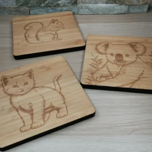 Exemple de dessins gravés sur du contreplaqué de bambou (écureuil, chaton et koala)