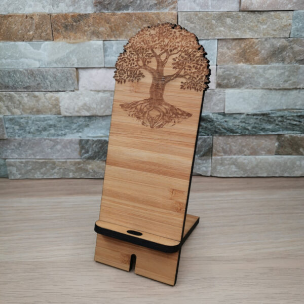 Support de téléphone portable en bambou, décoré d'un arbre de vie gravé au laser