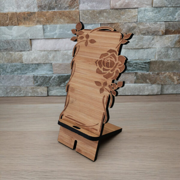 Support de téléphone portable en bambou, décoré d'une rose gravé au laser