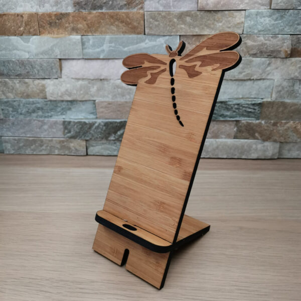 Support de téléphone portable en bambou, décoré d'une libellule gravé au laser