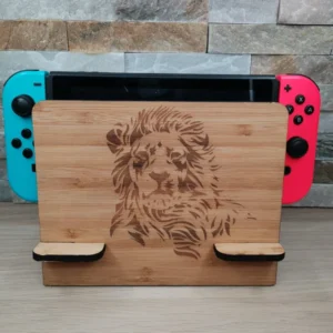 Support d'accueil dock Nintendo Switch en bambou, décoré d'un lion, gravure au laser
