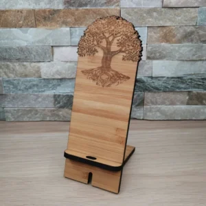 Support de téléphone portable en bambou, décoré d'un arbre de vie gravé au laser
